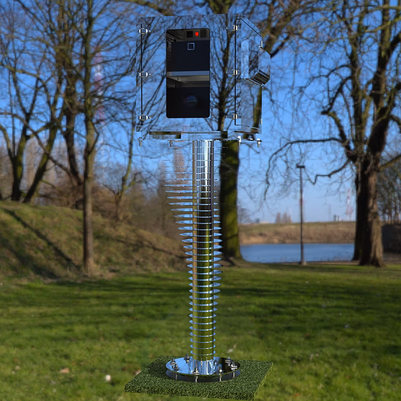 Mirror-polished stainless steel projector enclosure on outdoor wall
