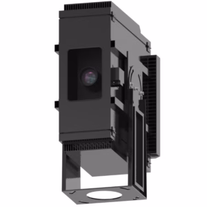 Panasonic PT-MZ20K portrait enclosure mounted on outdoor stage truss with rain hood visible