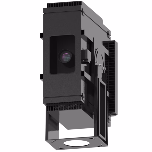 Panasonic PT-MZ20K portrait enclosure mounted on outdoor stage truss with rain hood visible