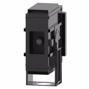 Panasonic PT-MZ20K portrait enclosure mounted on outdoor stage truss with rain hood visible