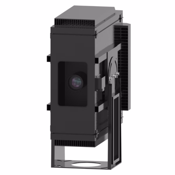 Panasonic PT-MZ20K portrait enclosure mounted on outdoor stage truss with rain hood visible