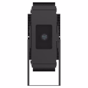 Panasonic PT-MZ20K portrait enclosure mounted on outdoor stage truss with rain hood visible