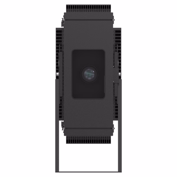Panasonic PT-MZ20K portrait enclosure mounted on outdoor stage truss with rain hood visible