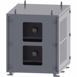 Dual-projector climate control housing for Vivitek DU9900Z & DU9800Z. IP65 waterproof, dustproof, with twin-zone cooling. Ideal for stereo 3D mapping outdoors.