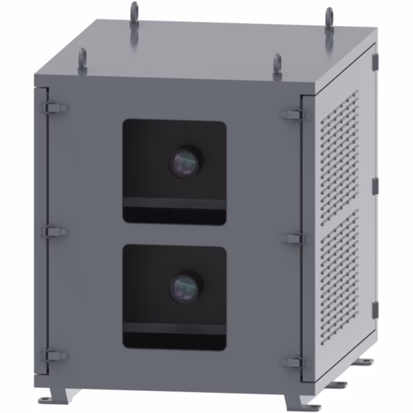 Dual-projector climate control housing for Vivitek DU9900Z & DU9800Z. IP65 waterproof, dustproof, with twin-zone cooling. Ideal for stereo 3D mapping outdoors.