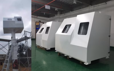 IP55 waterproof outdoor projector enclosure for Panasonic PT-MZ20K series in side-mount installation.